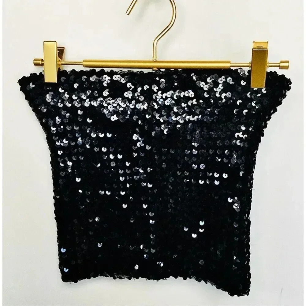 Vintage Cest‎ Duo Black Label Women's Black Sequin Cropped Tube Top Size Small